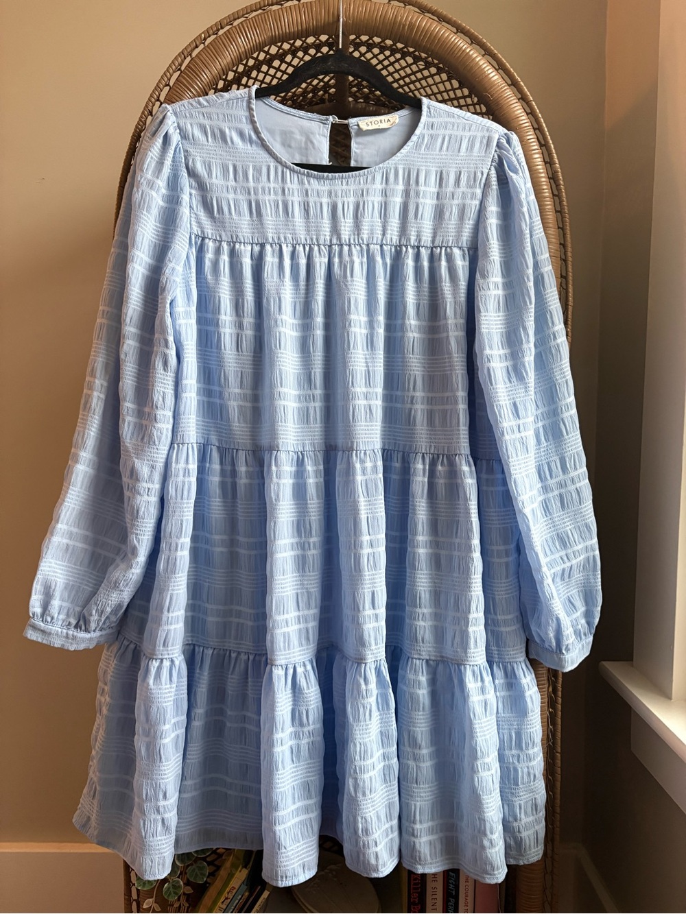 Storia Pale Blue Tiered Long-Sleeve Casual Dress